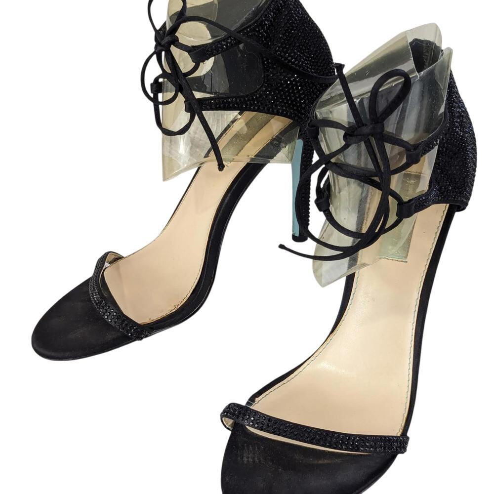 BETSEY JOHNSON! DAZZLING BLACK FACETED JEWEL, BLACK SATIN HEELS! SZ 8.5M
